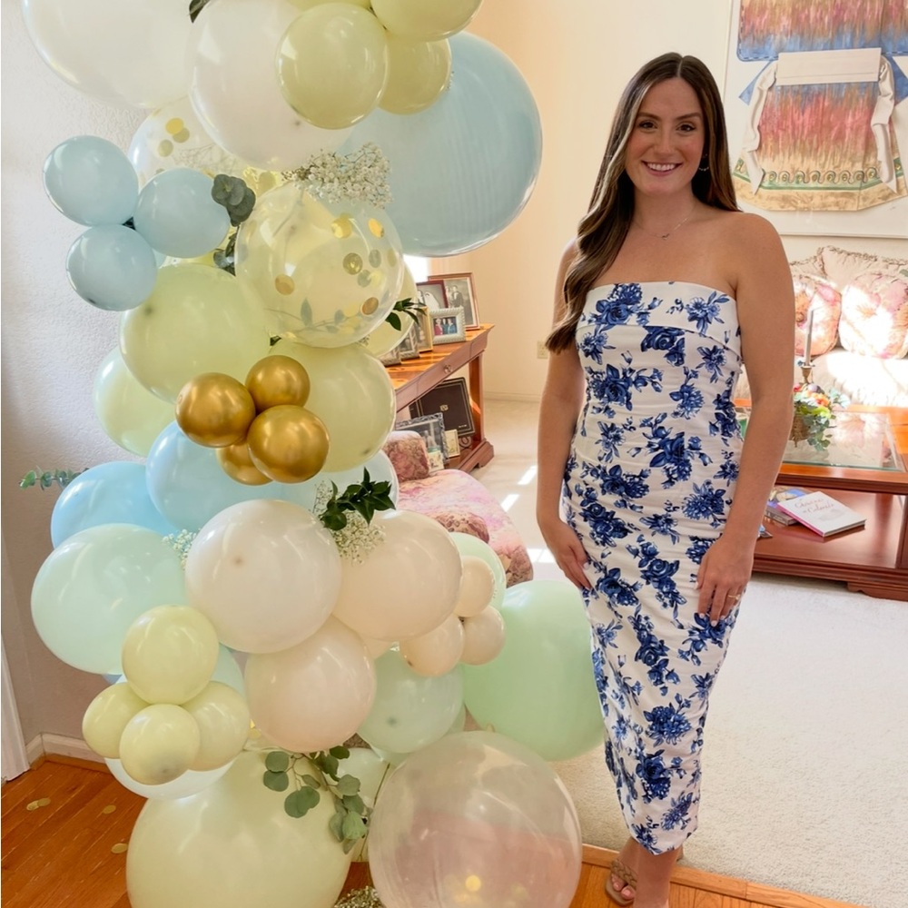 White Strapless Midi Dress with Blue Floral Print - Picture 3 of 3